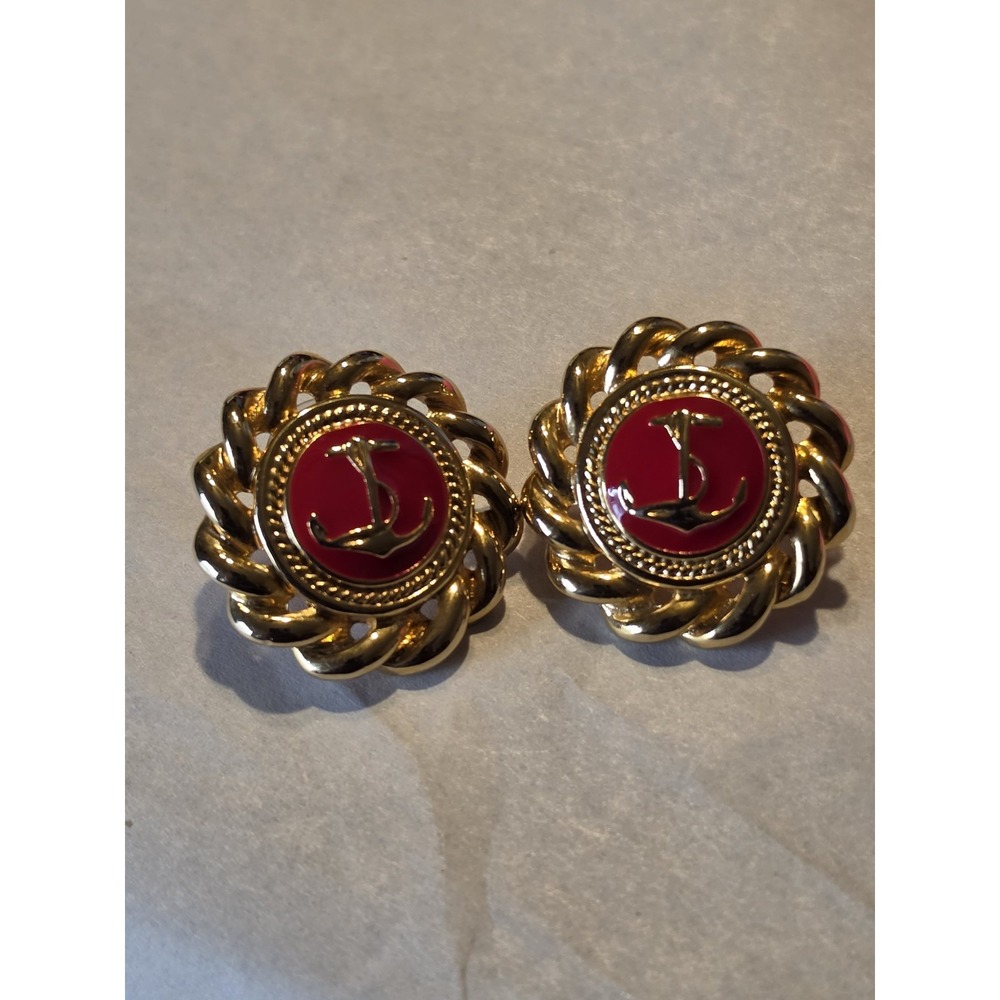 Vintage Gold Tone Red Enamel Anchor Earrings Nautical Rope Statement Pierced